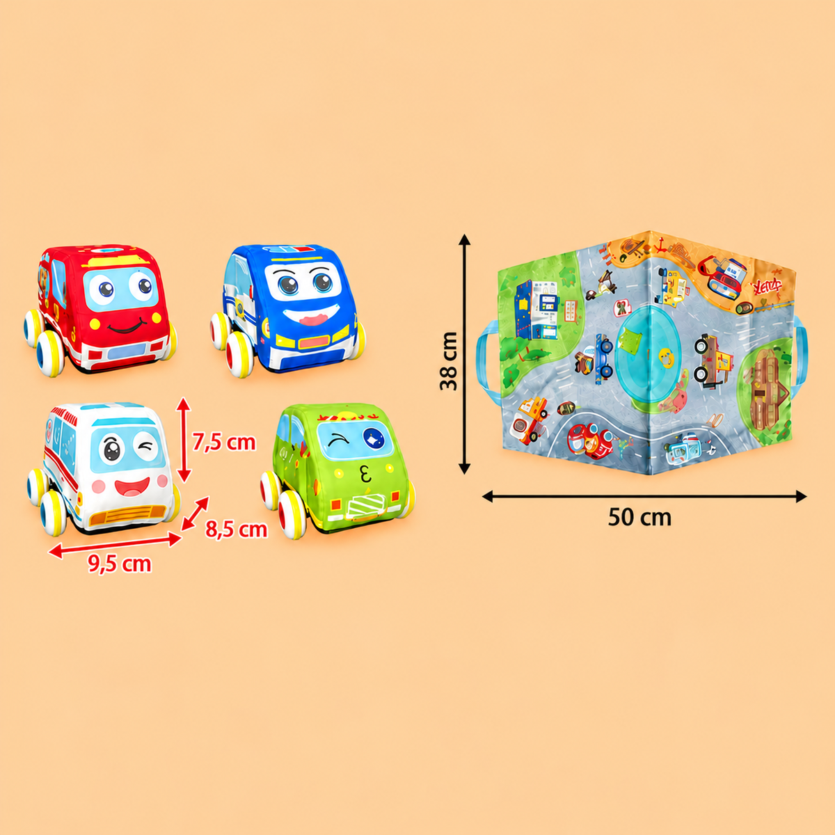 Soft Plush Pull-Back Car Set with 2-in-1 Play Mat & Storage Bag