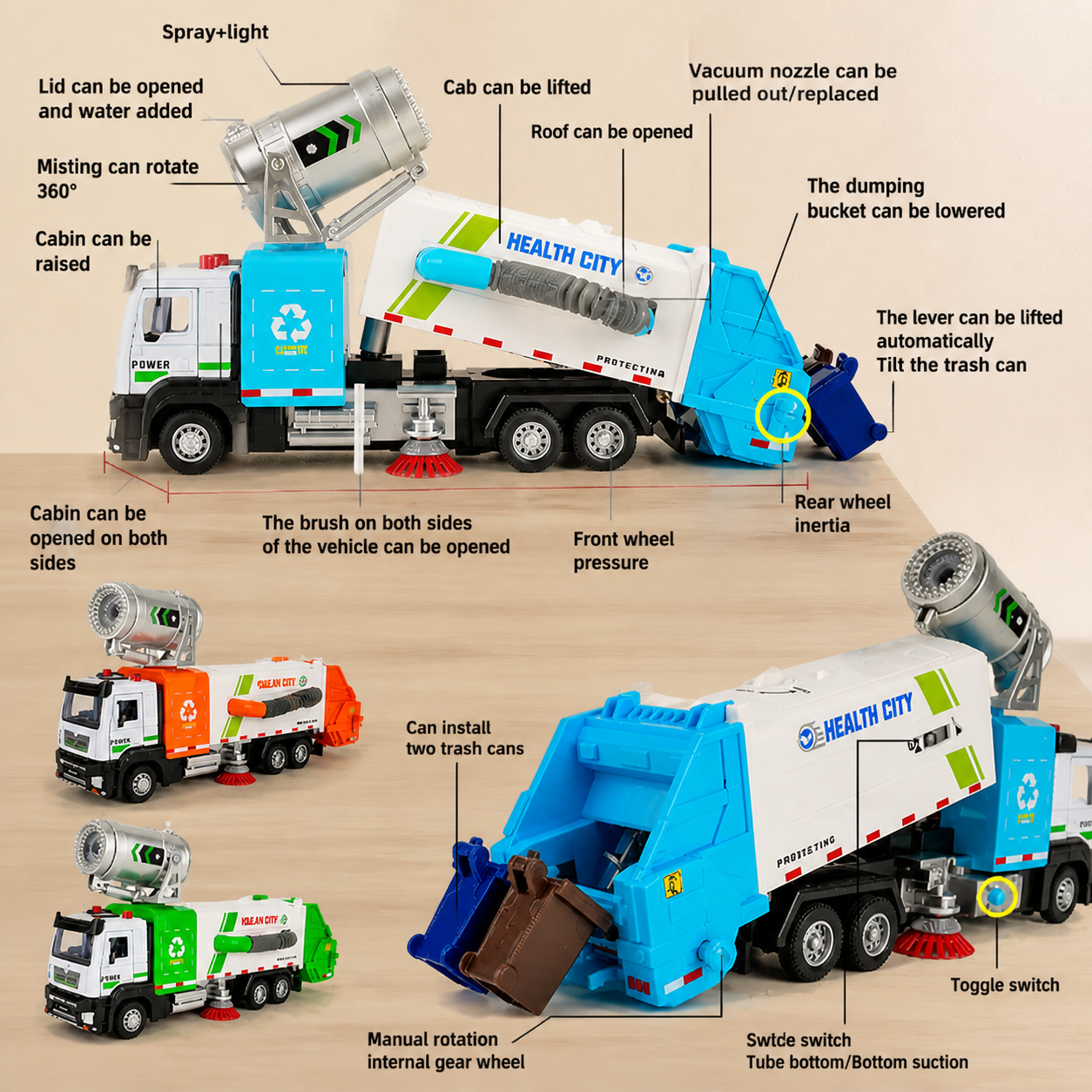 Die-Cast Street Sweeper Toy Truck with Vacuum Hose & Mist Spray
