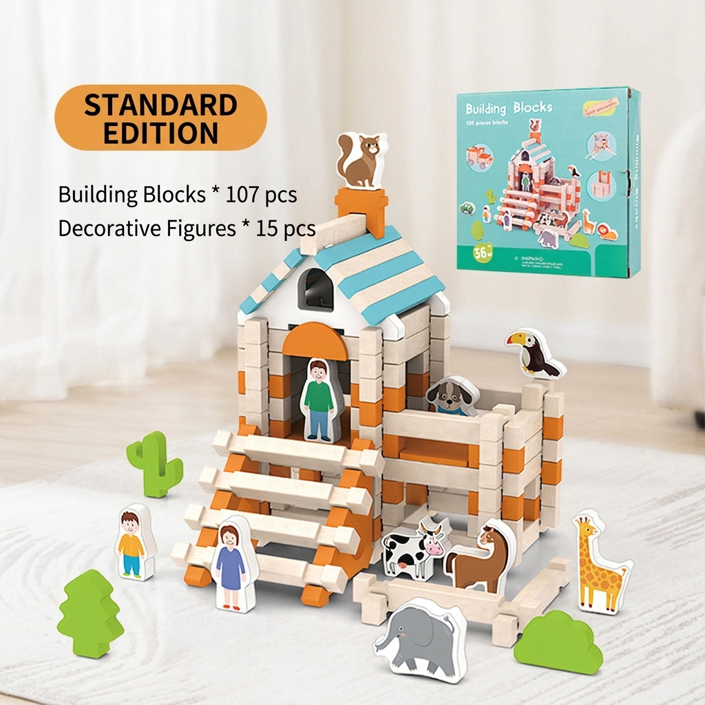 Montessori wooden building block set – natural stacking and construction toy