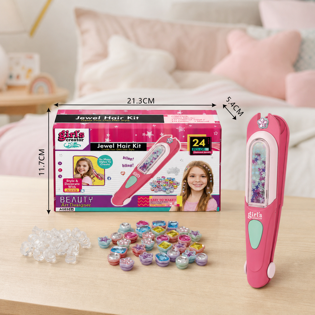 Kids Hair Gem Styling Kit – Hair Gem Stamper with Reusable Sparkling Gems