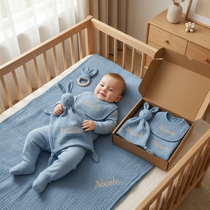 Personalised 4-Piece Newborn Gift Set – Muslin, Bunny Comforter, Teether & Bib (100% Cotton)