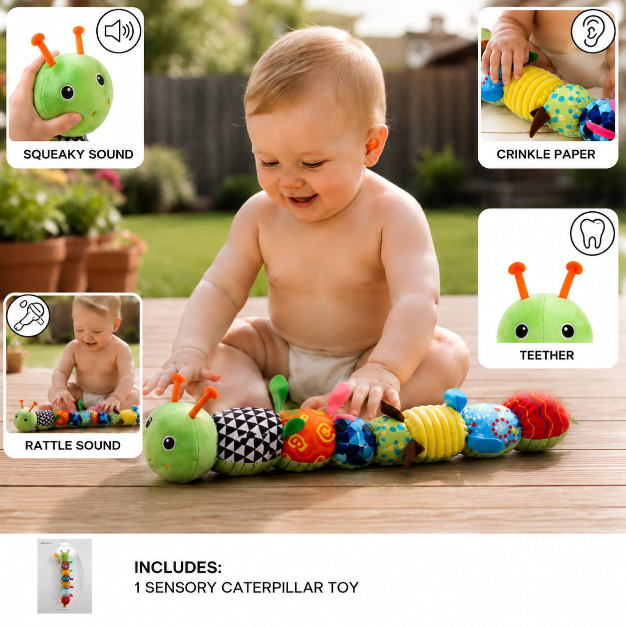 Sensory plush rattle and music caterpillar