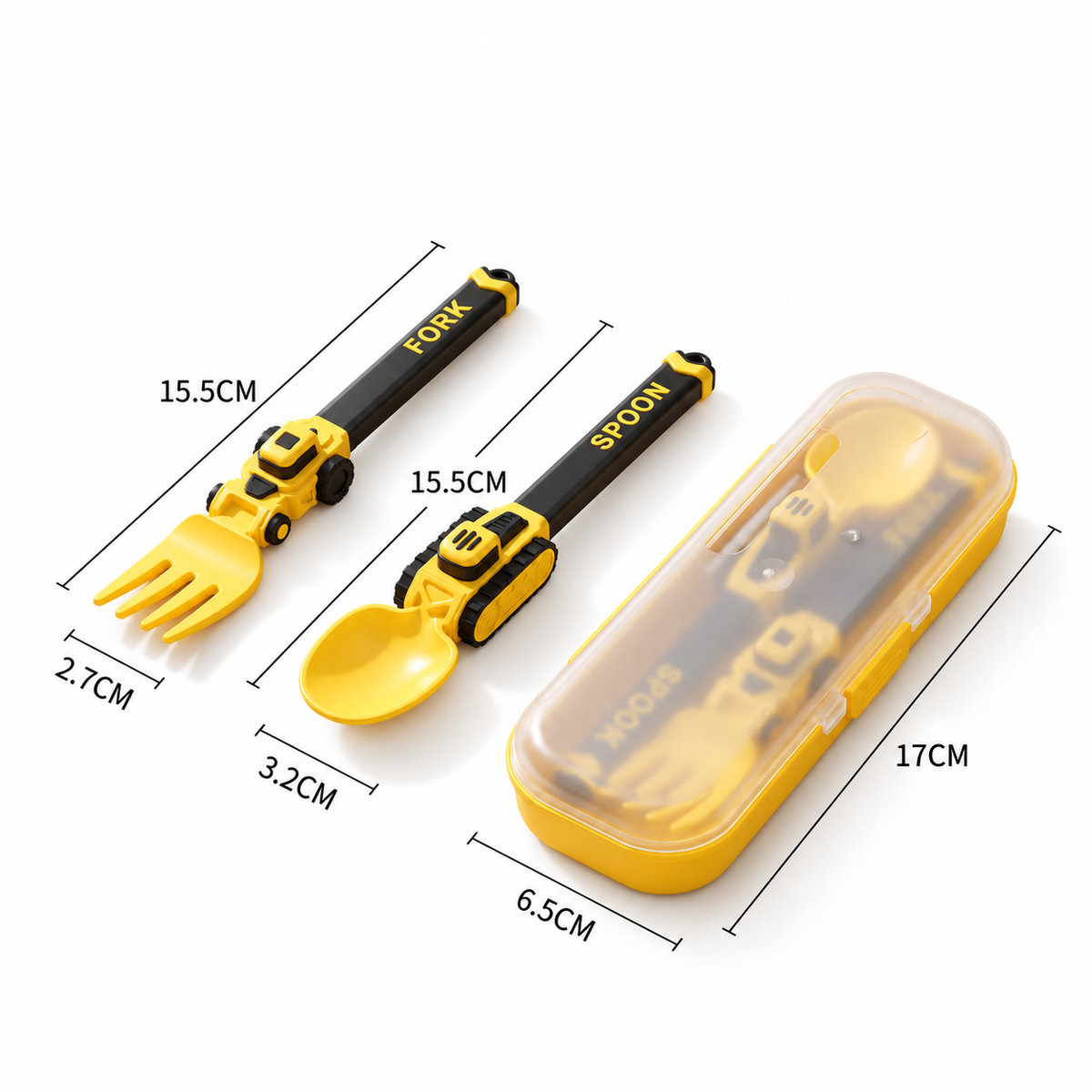 3-Piece Construction Vehicle Kids’ Utensil Set with Spoon, Fork & Travel Case