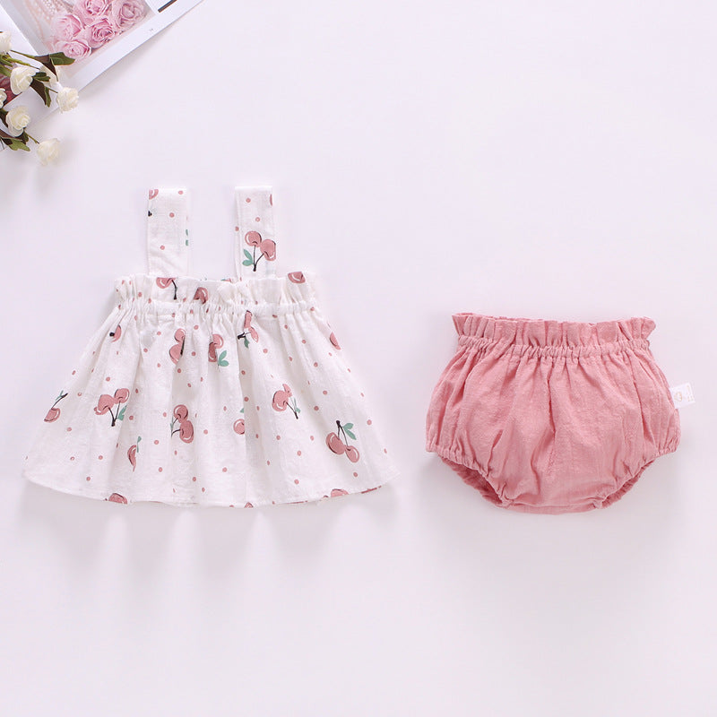 Summer 2-Piece Baby Girl Outfit – Plaid Strap Dress with Matching Bloomers