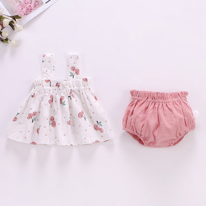 Summer 2-Piece Baby Girl Outfit – Plaid Strap Dress with Matching Bloomers