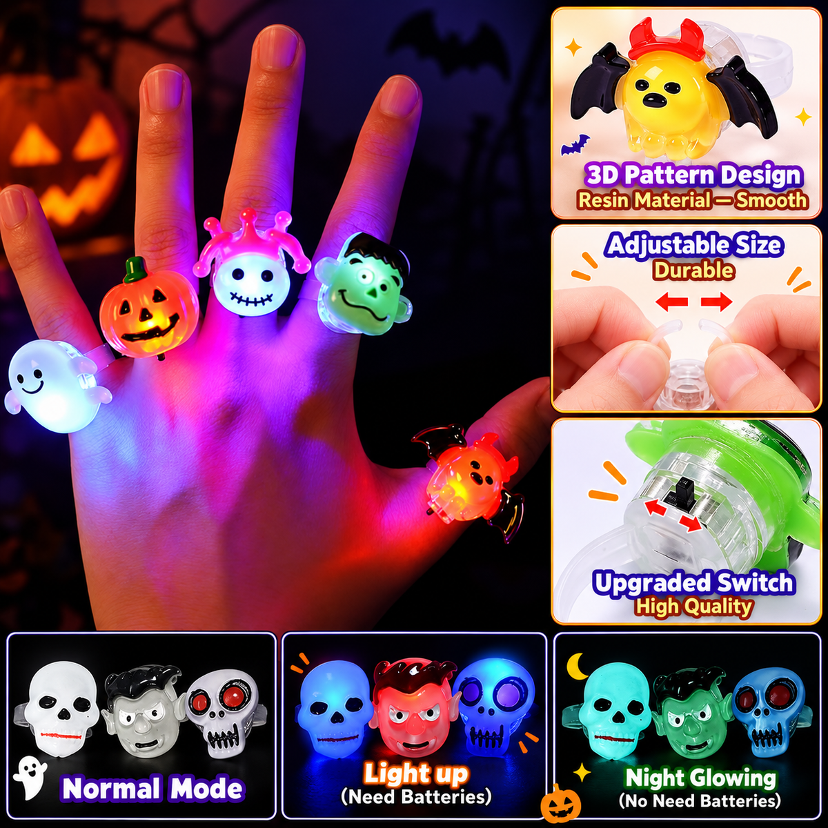24-Pack Flashing LED Halloween Rings for Kids’ Party Favors & Treat Bags