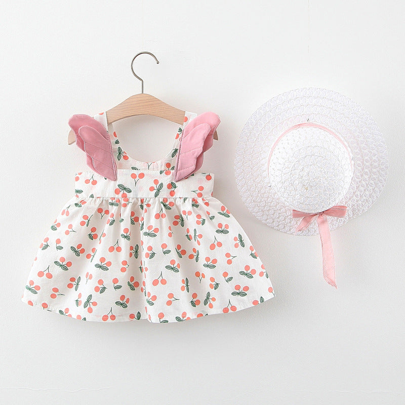 Summer 2-Piece Girls Dress Set – Cherry Print Korean Style Dress with Straw Hat