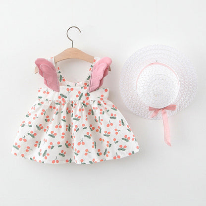 Summer 2-Piece Girls Dress Set – Cherry Print Korean Style Dress with Straw Hat