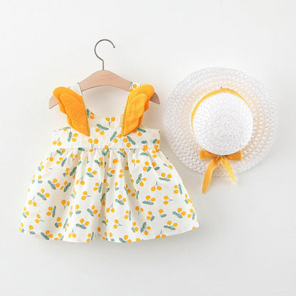 Summer 2-Piece Girls Dress Set – Cherry Print Korean Style Dress with Straw Hat
