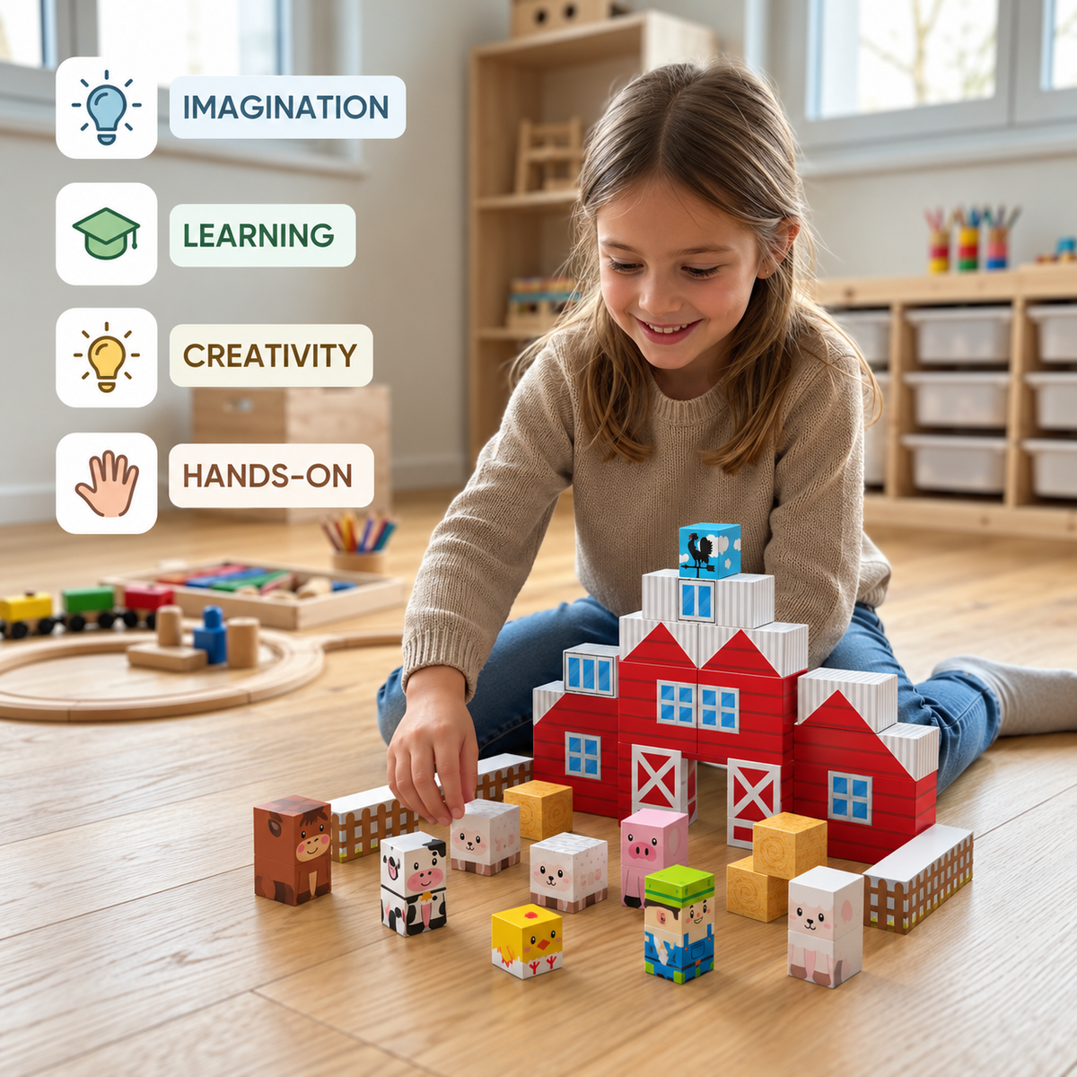 Farm Story Magnetic Building Blocks Travel Playset with Animals & Barn