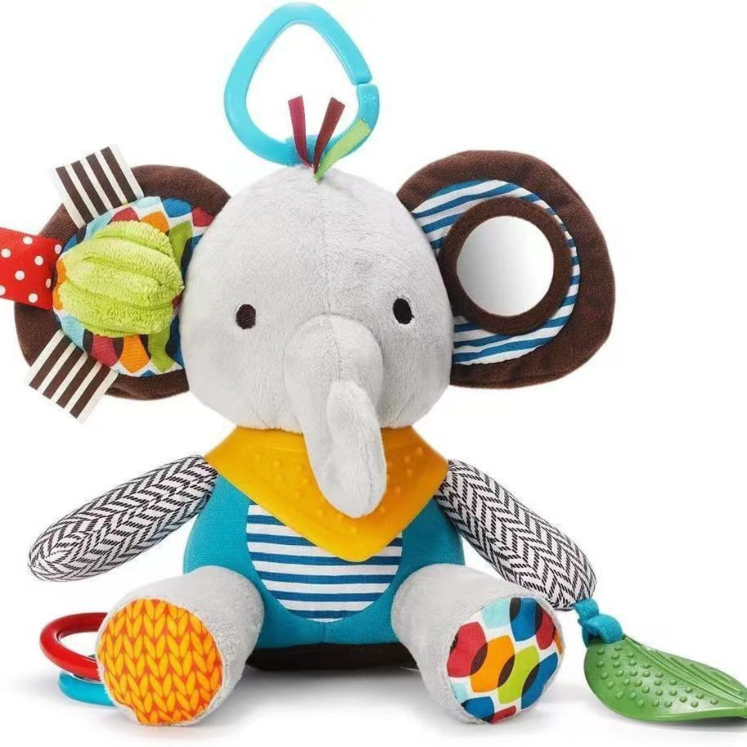 Sensory baby plush toy with rattle and silicone attachment for teething
