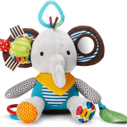 Sensory baby plush toy with rattle and silicone attachment for teething