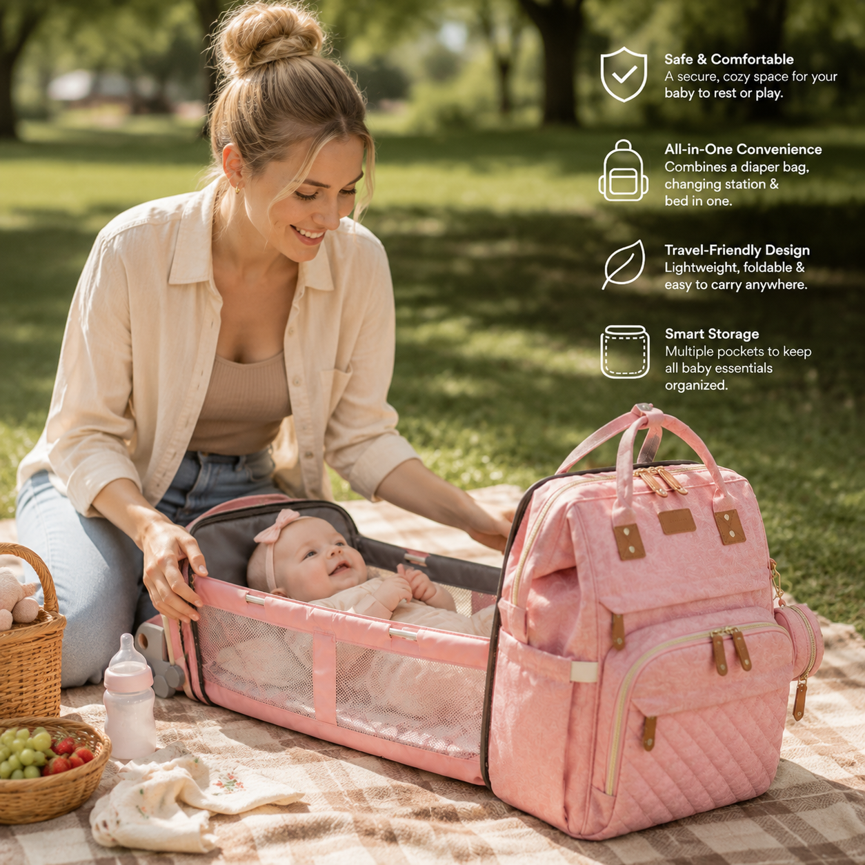 3-in-1 Travel Diaper Backpack with Foldable Baby Bed – Perfect for On-the-Go Parents
