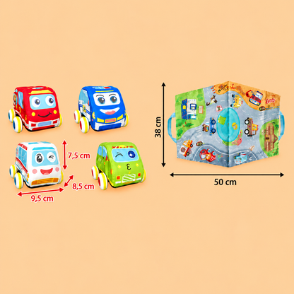 Soft Plush Pull-Back Car Set with 2-in-1 Play Mat & Storage Bag