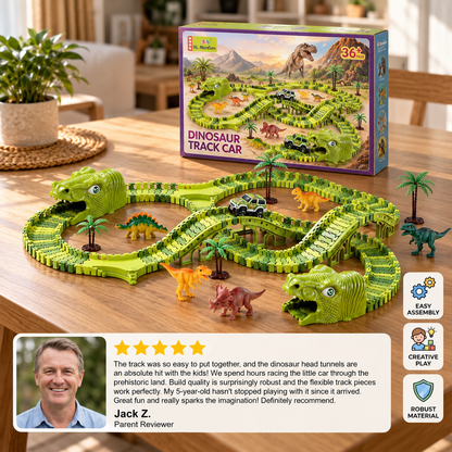215-Piece Dinosaur Race Track Set with Motorized Cars, Bridge & Dinosaur Figures