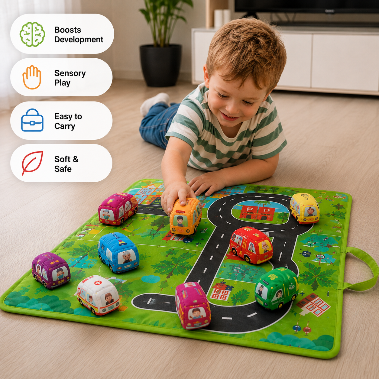 2in1 sensory plush toy cars with road mat and bag for on the go