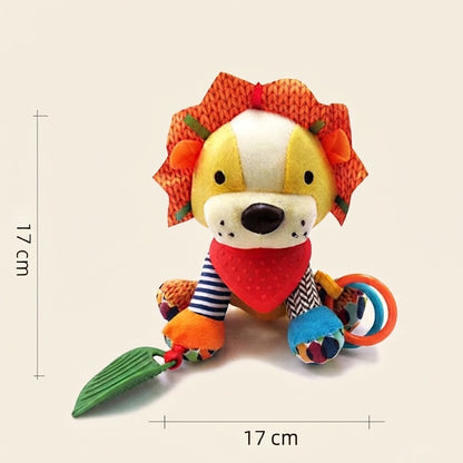 Sensory baby plush toy with rattle and silicone attachment for teething