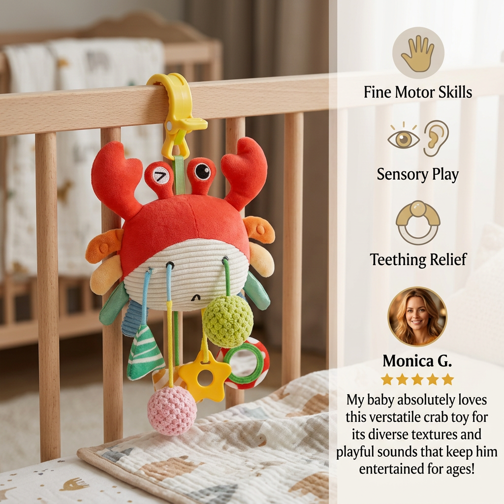 Crab Activity Toy with Pull Cord, Rattle & Teether for Babies