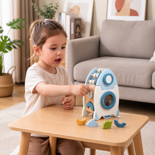 Handmade Montessori Wooden Rocket with Various Shapes and Colors