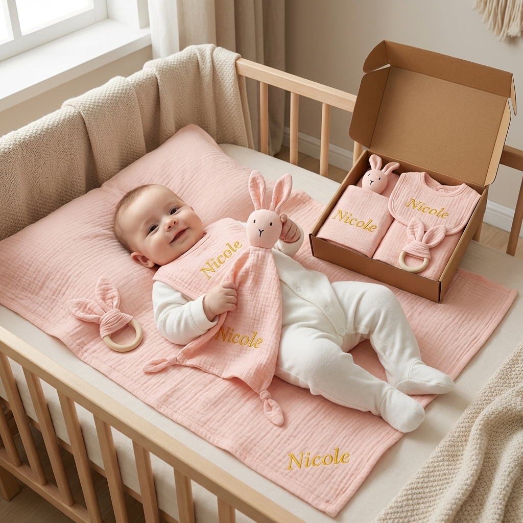 Personalised 4-Piece Newborn Gift Set – Muslin, Bunny Comforter, Teether & Bib (100% Cotton)