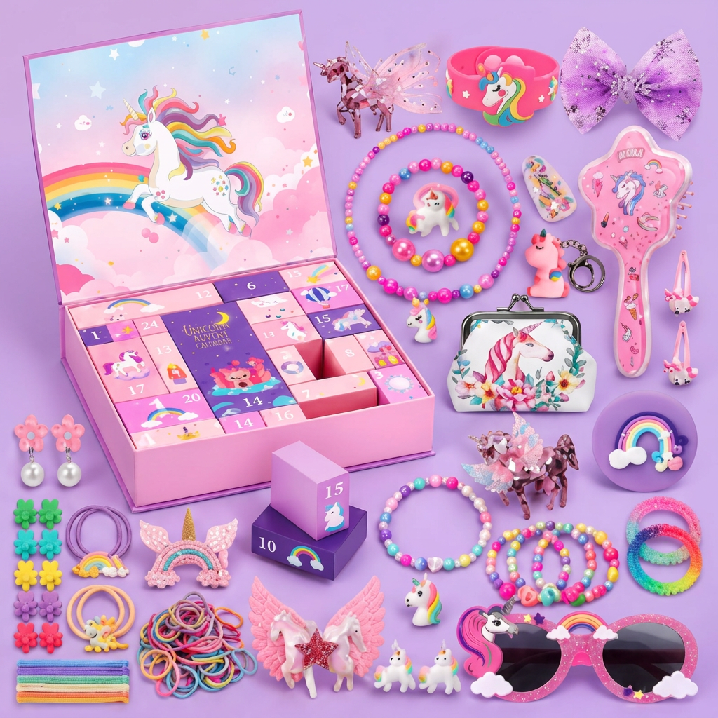 24-Day Unicorn Advent Calendar with Hair Accessories, Stickers & Surprise Gifts
