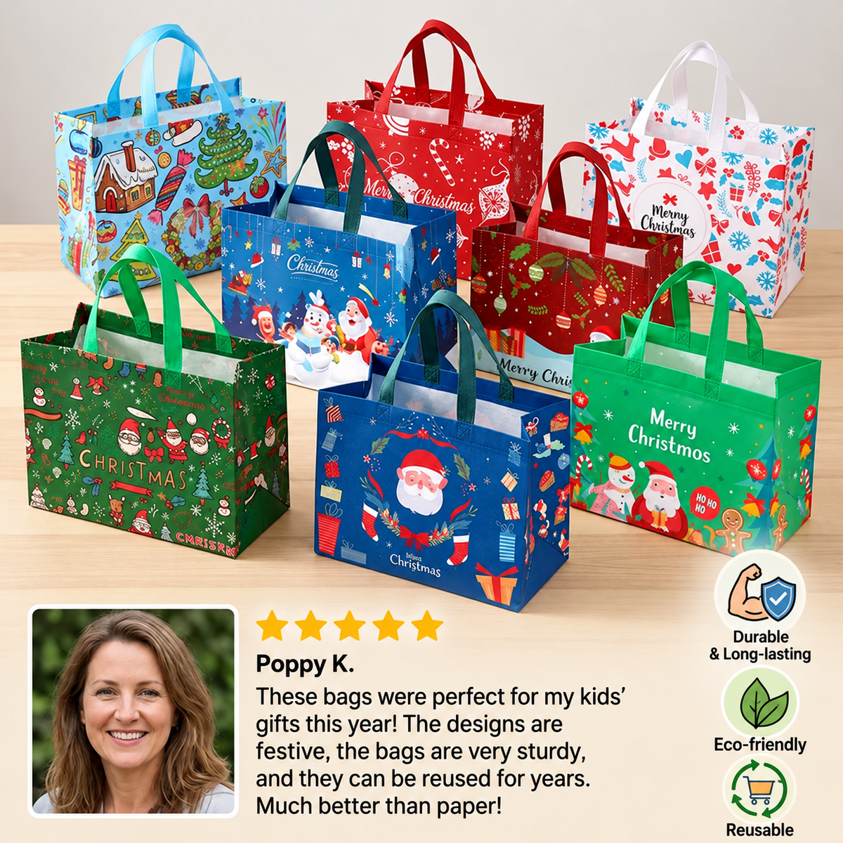 Reusable Christmas Gift Bags with Handles – Assorted Holiday Designs