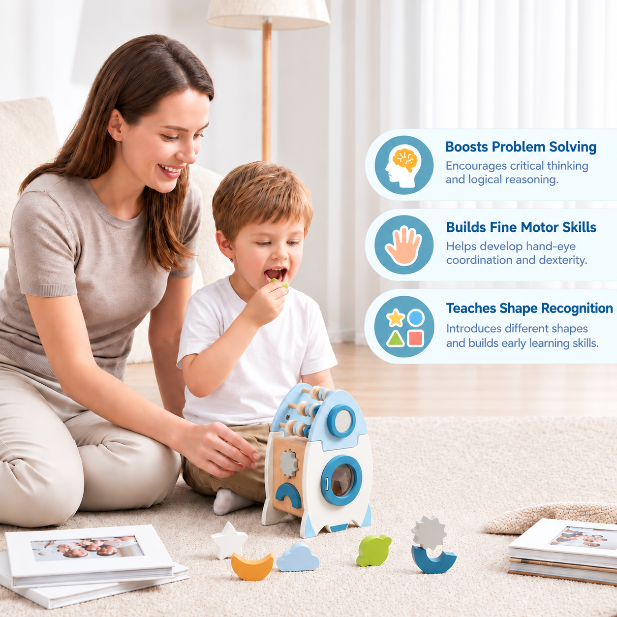 Handmade Montessori Wooden Rocket with Various Shapes and Colors