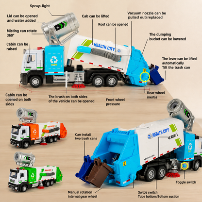Die-Cast Street Sweeper Toy Truck with Vacuum Hose & Mist Spray