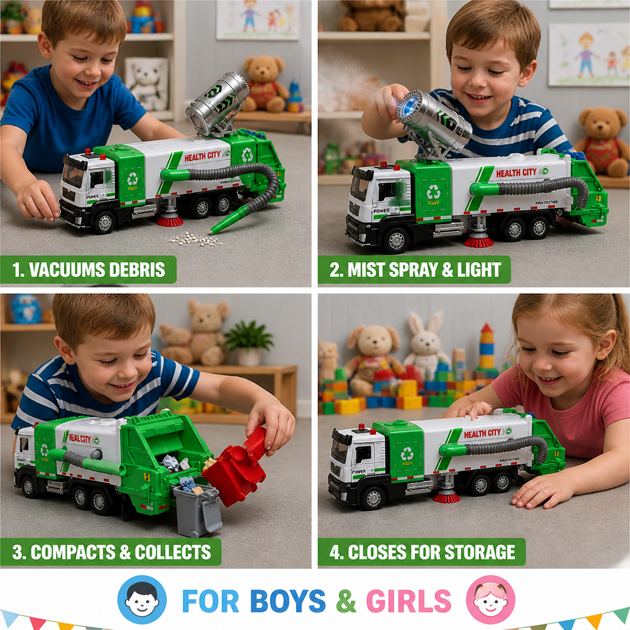 Die-Cast Street Sweeper Toy Truck with Vacuum Hose & Mist Spray