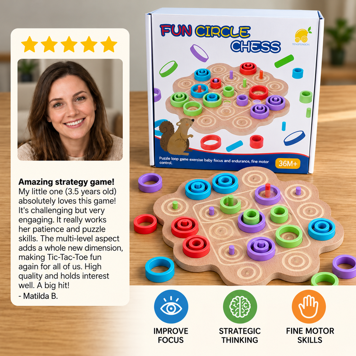 Early Educational 3-Level Wooden Tic-Tac-Toe Strategy Game