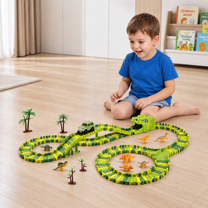 215-Piece Dinosaur Race Track Set with Motorized Cars, Bridge & Dinosaur Figures