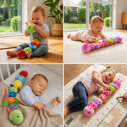 Sensory plush rattle and music caterpillar