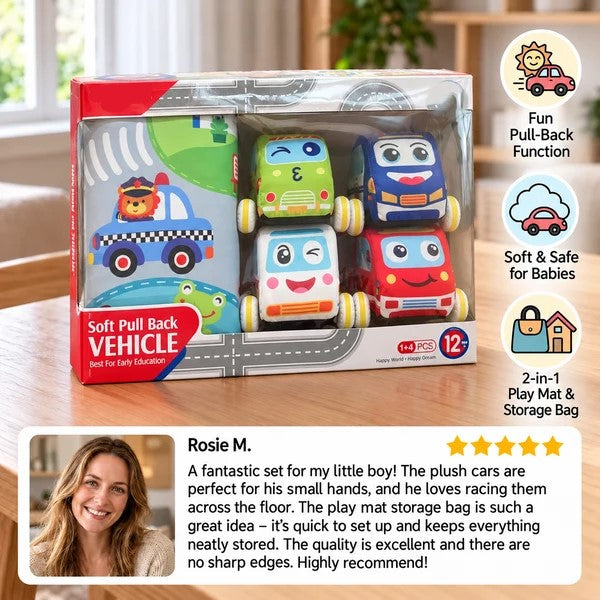Soft Plush Pull-Back Car Set with 2-in-1 Play Mat & Storage Bag