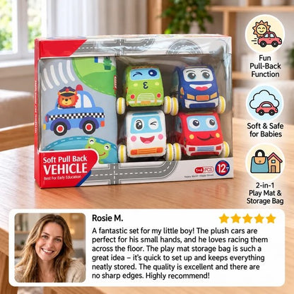 Soft Plush Pull-Back Car Set with 2-in-1 Play Mat & Storage Bag