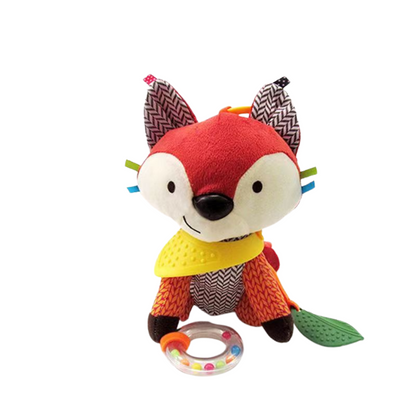 Sensory baby plush toy with rattle and silicone attachment for teething