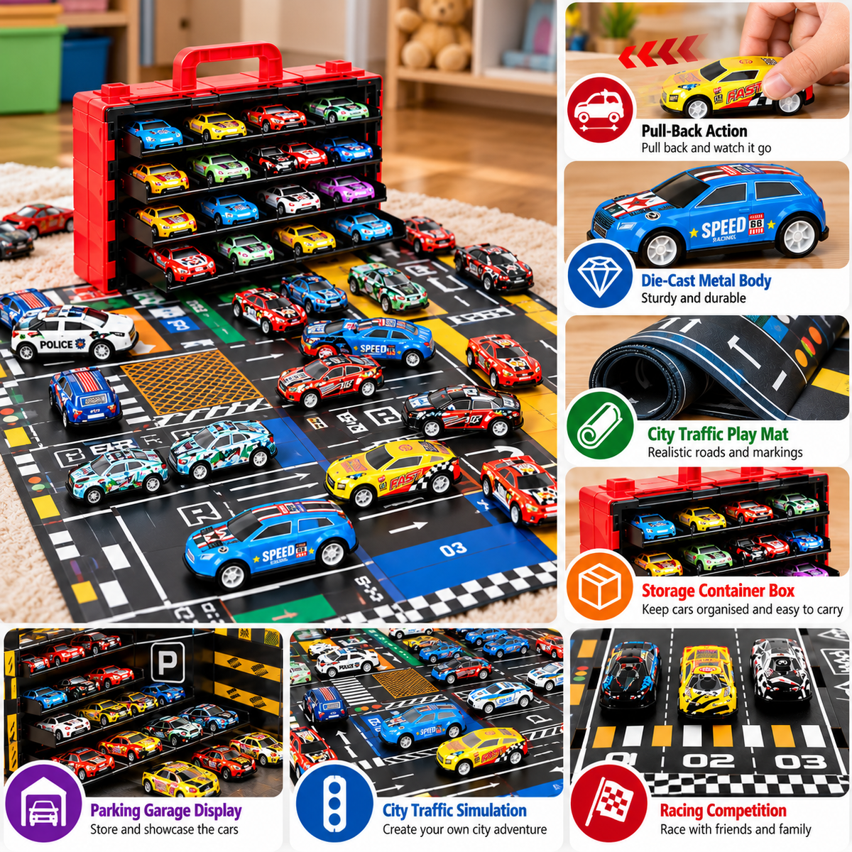 48-Piece Mini Die-Cast Pull-Back Car Set with Storage Container Box