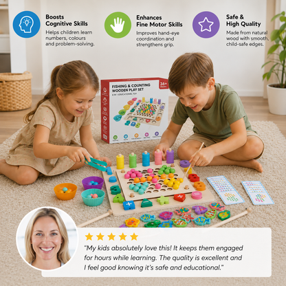 6-in-1 Montessori Wooden Fishing Game – Numbers, Colours & Fine Motor Skills Learning Toy for Kids