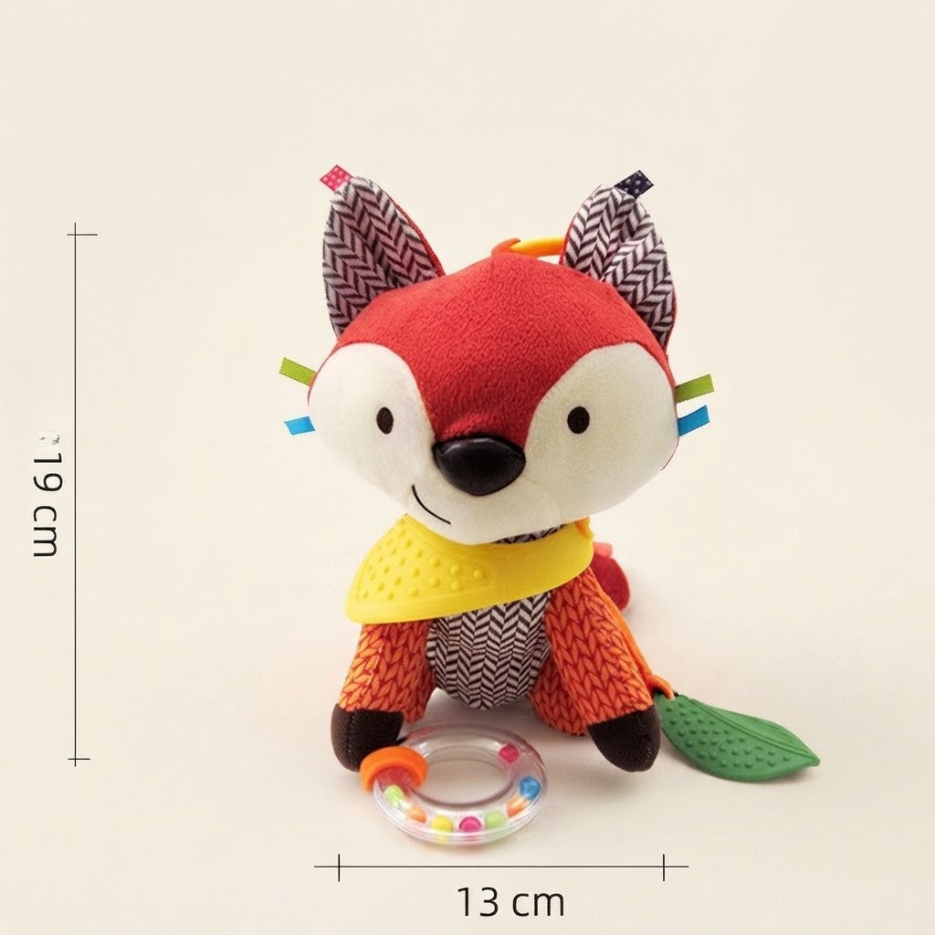 Sensory baby plush toy with rattle and silicone attachment for teething