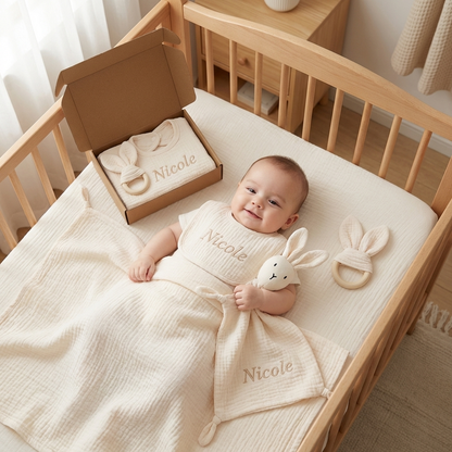 Personalised 4-Piece Newborn Gift Set – Muslin, Bunny Comforter, Teether & Bib (100% Cotton)