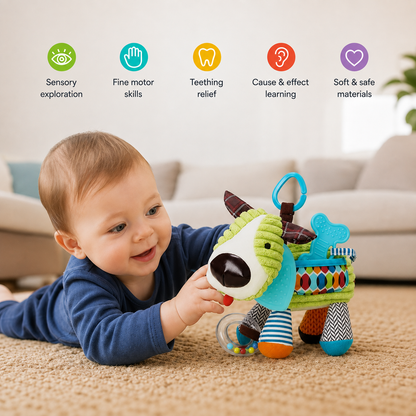 Sensory baby plush toy with rattle and silicone attachment for teething