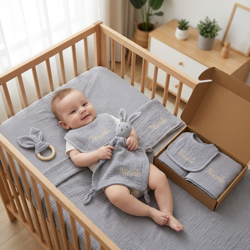 Personalised 4-Piece Newborn Gift Set – Muslin, Bunny Comforter, Teether & Bib (100% Cotton)