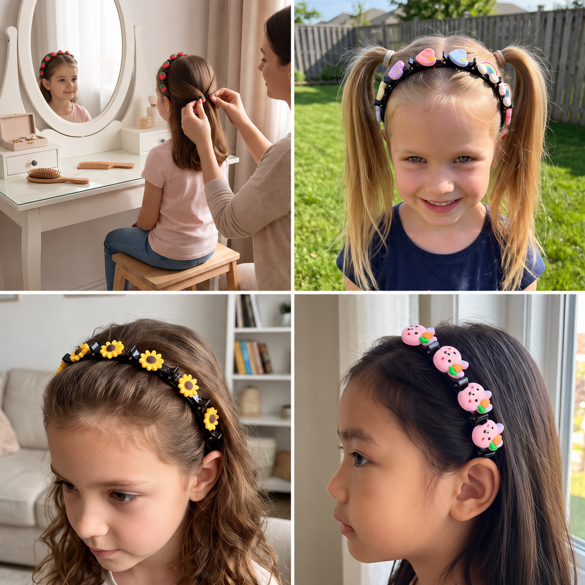 Cute Hair Clips & Bands for Girls with Flower, Strawberry & Rainbow Charms