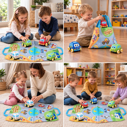 Soft Plush Pull-Back Car Set with 2-in-1 Play Mat & Storage Bag