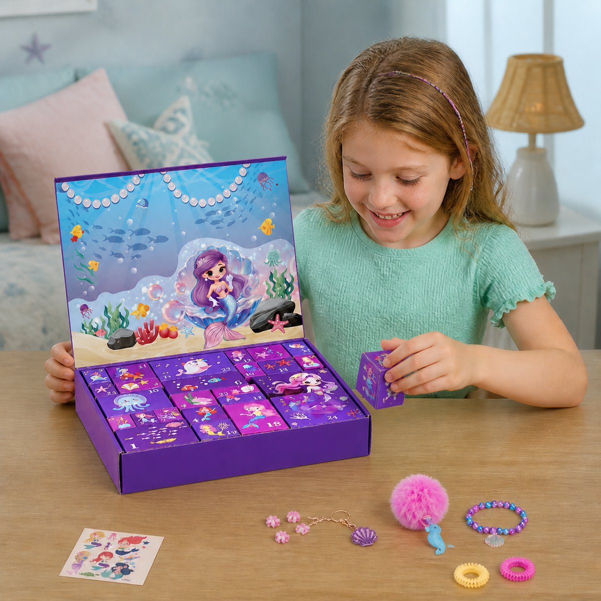 24-Day Mermaid Advent Calendar with Hair Accessories, Stickers & Surprise Gifts