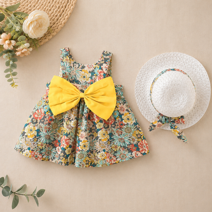 Summer 2-in-1 Girls Dress Set – Sleeveless Cotton Dress with Bow & Floral Sun Hat