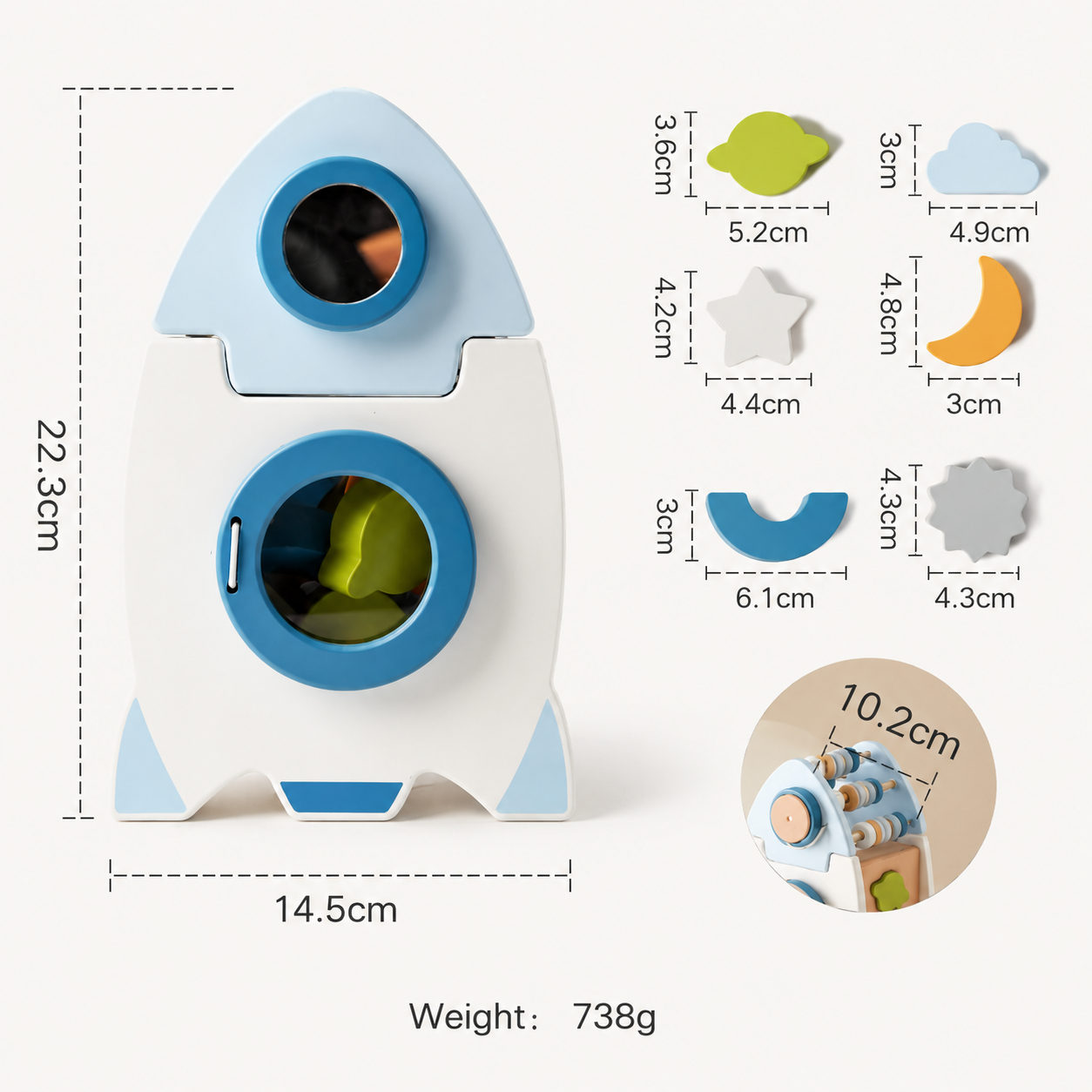 Handmade Montessori Wooden Rocket with Various Shapes and Colors