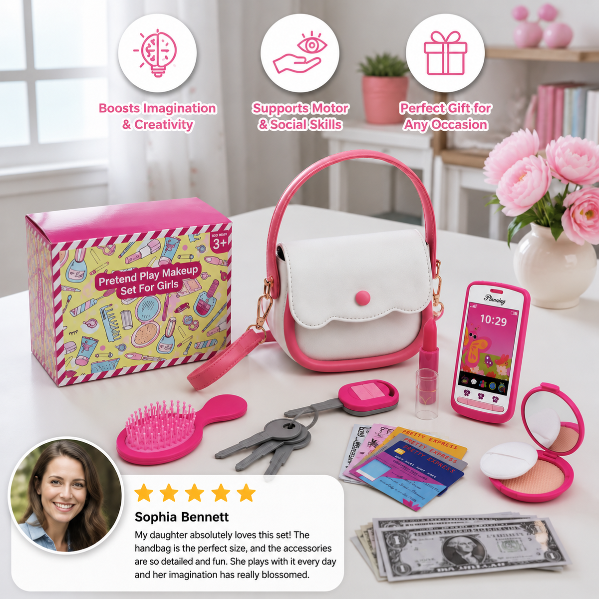 Kids Pretend Play Handbag Set with Phone, Makeup & Accessories