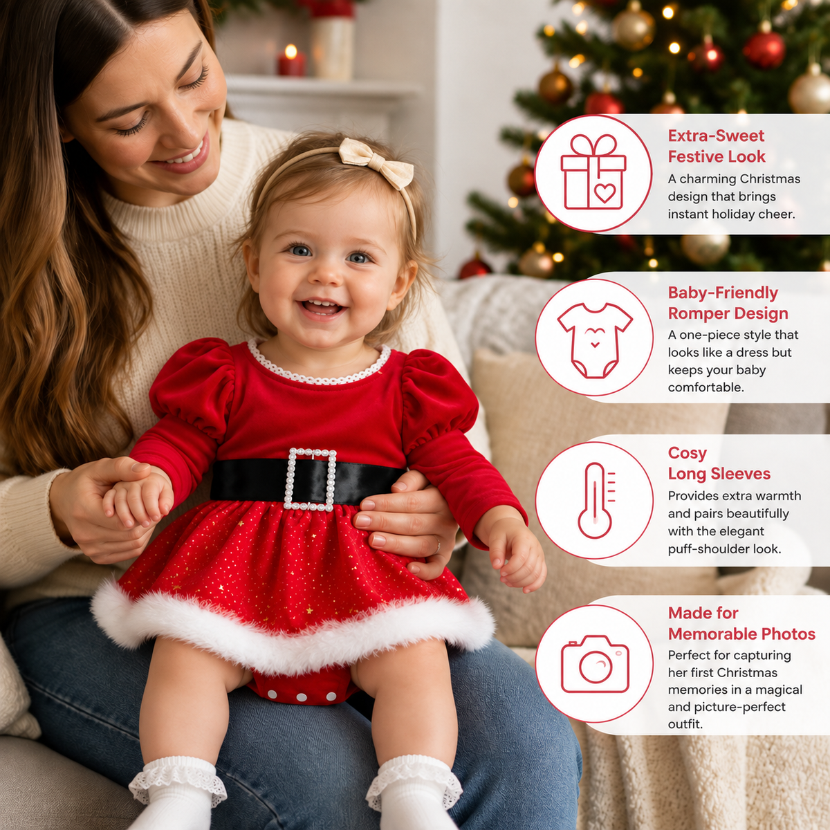 Baby Girl’s My First Christmas Long-Sleeve Romper Dress