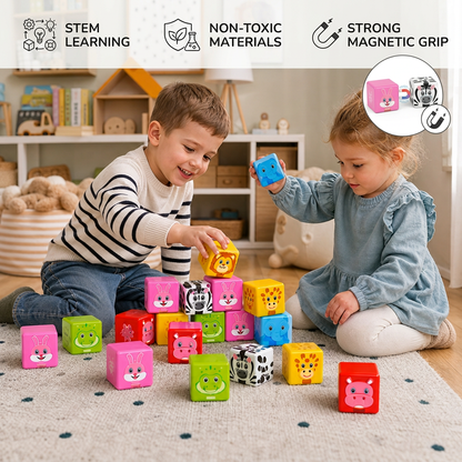 Toddler-Safe 4.2 cm Safari Animal Magnetic Building Cubes – STEM Learning Blocks