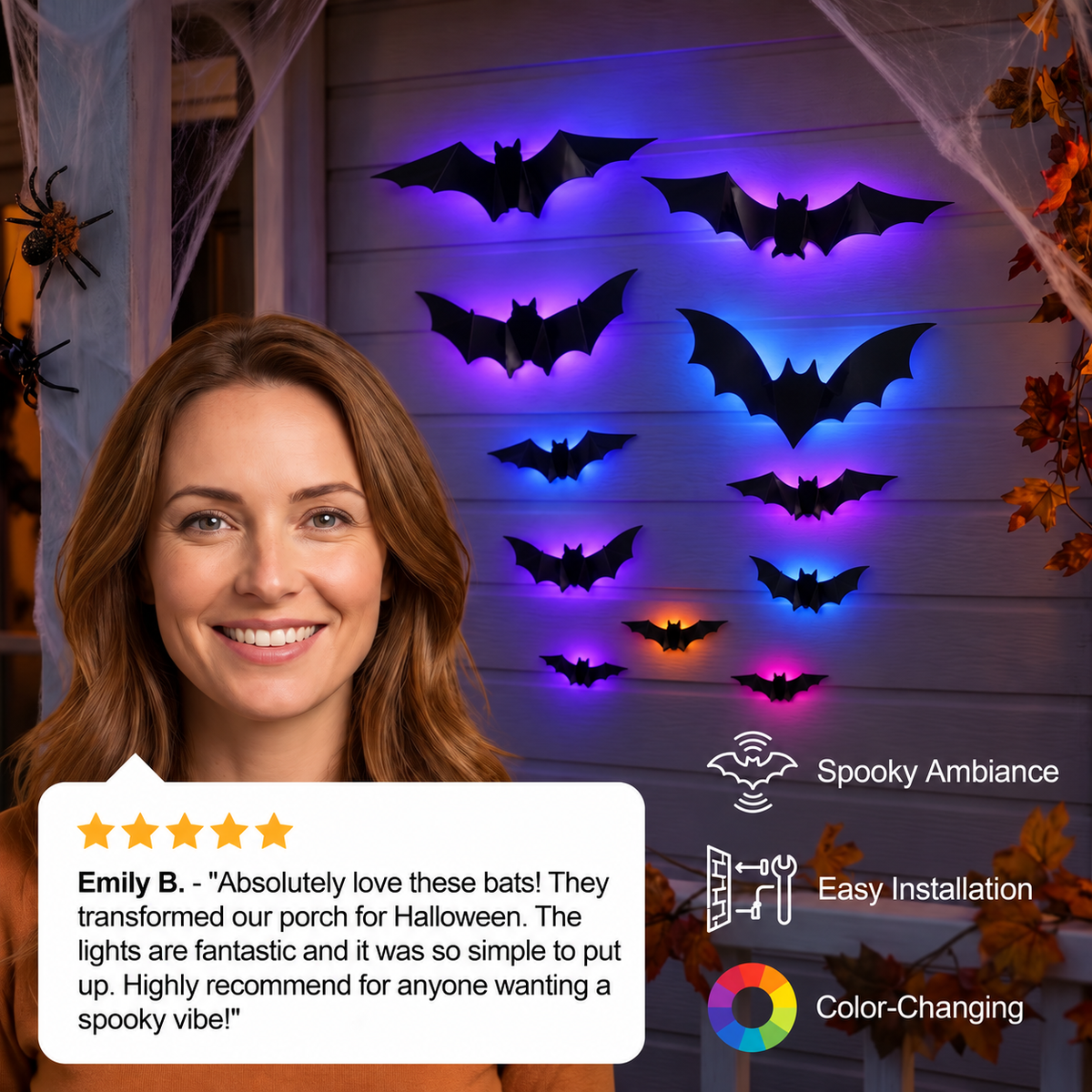 3D LED Halloween Bat Wall Decoration with Color-Changing Lights